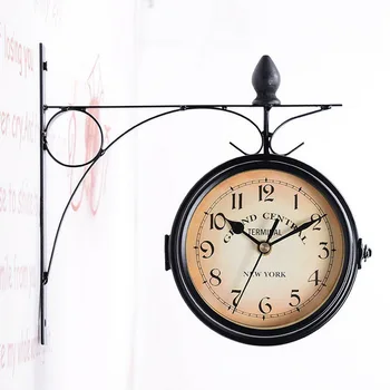 

Iron Black Wall Clock Double Sided Outside Bracket Clock Home Decoration