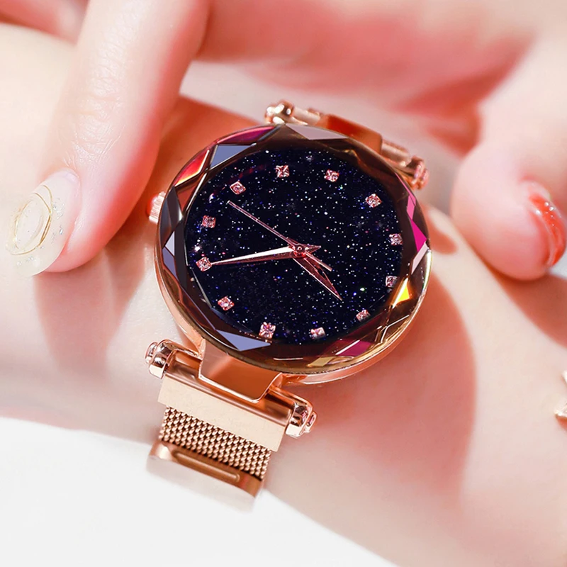 Лидирующий бренд, Звездные часы для женщин, розовое золото, сетка, магнит, звездное небо, кварцевые наручные часы, градиентные женские наручные часы, relogio feminino
