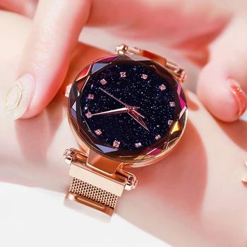 

Top Brand Watches For Women Rose Gold Mesh Magnet Buckle Starry Quartz Watch Geometric Surface Casual Women Quartz Wristwatch