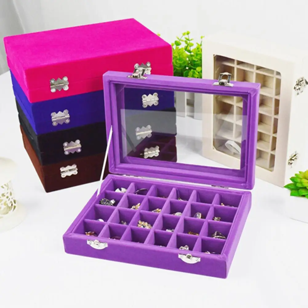 

24 Slots Wooden Transparent Cover Buckle Earrings Jewelry Storage Box Organizer New Jewelry Necklace Ring Earrings Display Organ