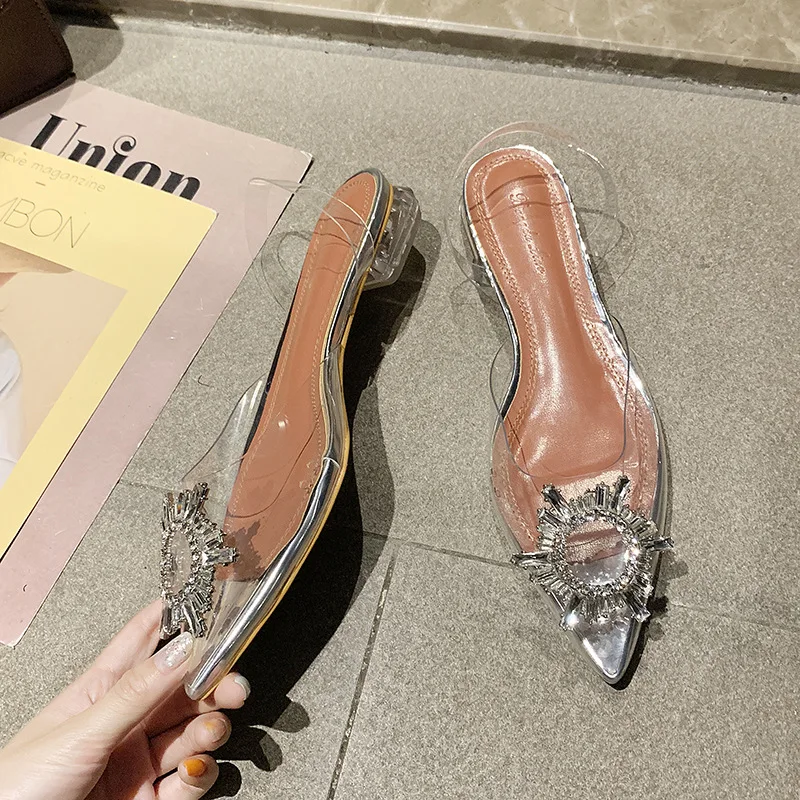 Женские босоножки на высоком каблуке со стразами, украшенные стразами; пикантные летние туфли на прозрачном каблуке с острым носком и стразами; размеры 43 - Цвет: low square heel
