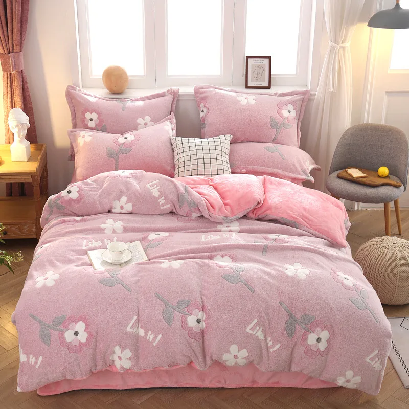 flower pink Снежинка кашемировый Комплект постельного белья зимний коралловый флис пододеяльник набор фланелевый плоский лист AB сторона утолщенная теплая льняная Рождественская домашняя одежда - Цвет: flower pink