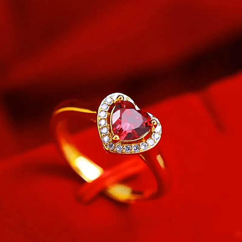 

Engagement Romantic Finger Ring Band Yellow Gold Filled Heart Cut Red Zirconia Wedding Womens Ring Size Adjust