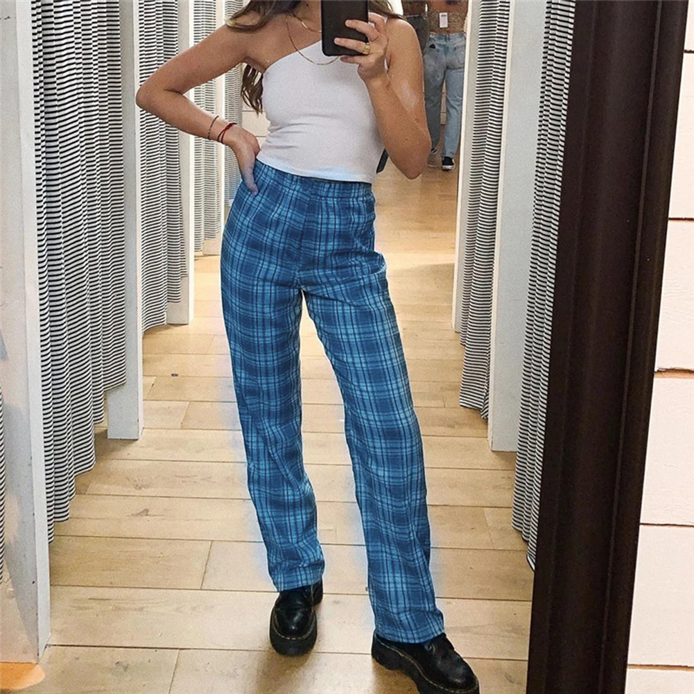 

Straight Pocket Plaid Wide Leg Pant 2020 Women oversize Trousers High Waist Checkered Pant Harajuku Y2k Baggy Sweatpant Pantalon
