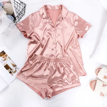 

2pcs Satin Nightshirt With Shorts Women Pajamas Set Short Sleeve Loose Nightwear Suit Silk Pyjama Casual Women Sleepwear Summer
