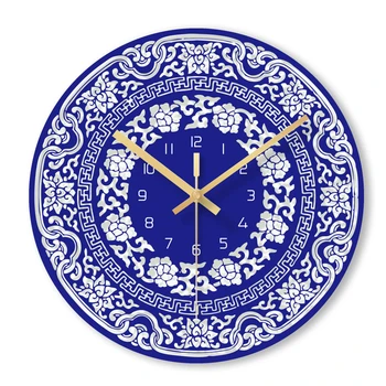 

New Wall Clock Chinese Type Glass Clock Blue And White Porcelain Quartz Wall Watch For Home Decoration Silent Movement Saati