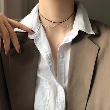 

925 Sterling Silver Choker Black Layered Necklace Pendants Women Accessories Chain Kpop Statement Fashion Simple Korean Jewelry