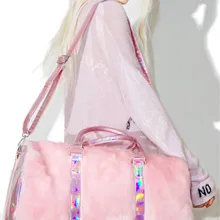Зимние новые милые мягкие радужные сумочки для девочек, женские сумки-тоут из искусственного меха, большая емкость, лазерные розовые сумки на плечо, дорожные бостонские сумки