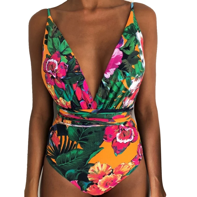 Women 2020 Push Up Monokini Sexy Print Brazilian One Piece Swimsuit Floral Thong High Waist Backless High Cut Bikini Swimwear