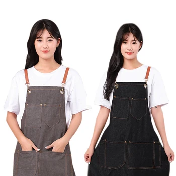 

2x Cotton Canvas Apron Salon Supermarket Cafe Fast-Food Service Work Clothes Kitchen Aprons for Women Gray & Black
