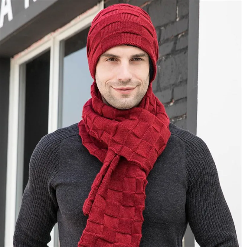 Зимний мужской вязанный длинный шарф, шапка, перчатки, набор из 3 предметов, мужские, теплые плюшевые защитные шапки, шарфы и перчатки для сенсорного экрана