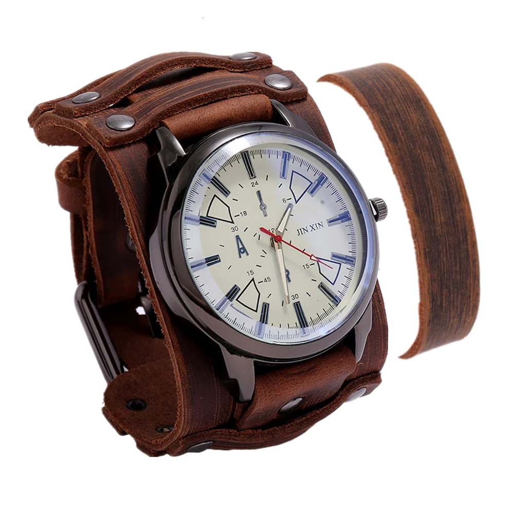 Top Luxury Mens Watch Bracelet Quartz Big Dial Watches Vintage Punk Style Sport Watch Men Brown Leather Strap Men Gift Relojes