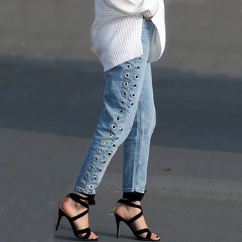 

Mom Jeans Woman 2020 Eyelet High Waist Jeans New Boyfriend Jeans Fashion Streetwear Blue Denim Jeans Trousers korean jeans