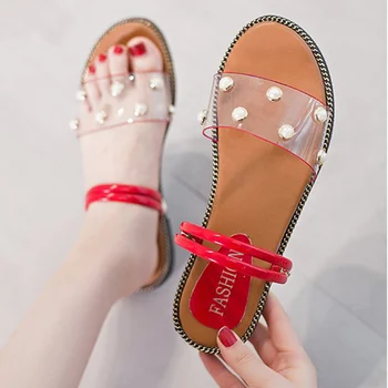 

Women Summer PVC Flat Slippers Woman Transparent Slip On Two Wear Sandals Female Open Toe Pearl Border Fashion Shoes Ladies New