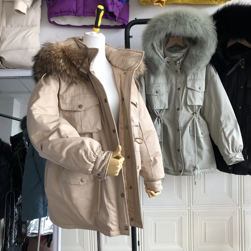 Зима, новые продукты, корейский стиль, рабочая одежда, женский пуховик, Женская куртка средней длины, хлопок, ткань, воротник из лисьего меха