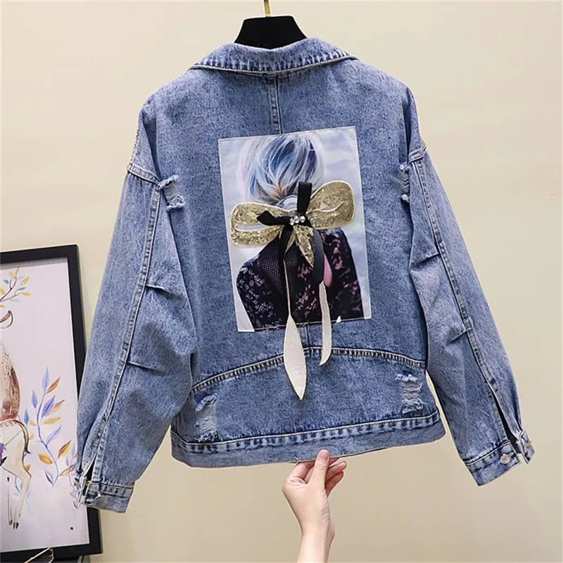 Женская уличная джинсовая куртка с вышитым цветком длинным рукавом размера плюс