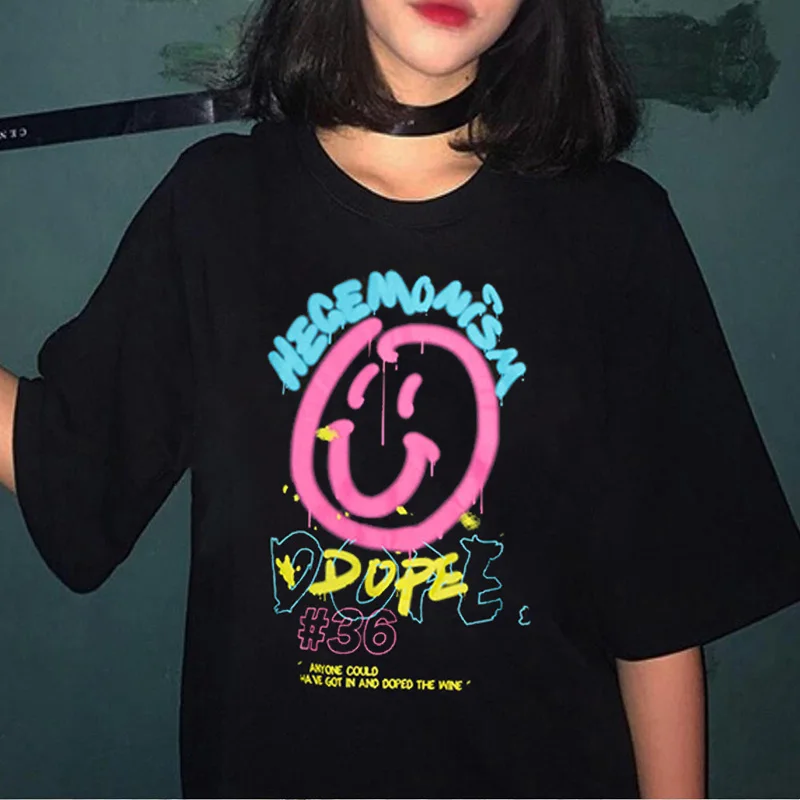 Женская футболка с принтом граффити со смайликом 90s Harajuku Ullzang Милая графическим