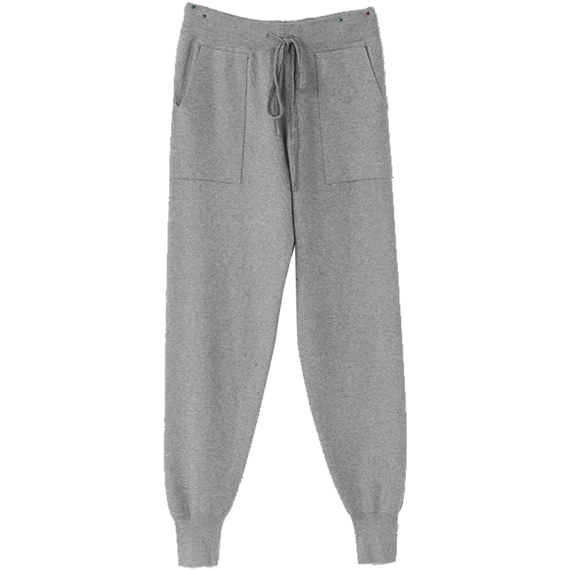 Серый SAM'S TREE Black Solid Drawstring Waist Haren Pants Women Winter Gray Pure Straight Tight Leg Office Ladies Daily Trousers - Цвет: Серый