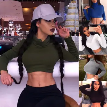 

Women Long Sleeve Turtle Neck Crop Tops Ladies Plain Short Stretch T- Shirts