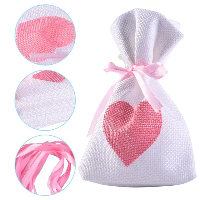 12pcs Linen Pouches Heart Pattern Drawstring Bags Wedding Gift Jewelry Favor Bag