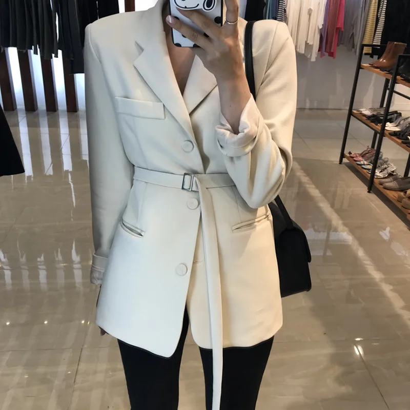 

2019 Autumn Loose-Fit Slimming Suit CHIC Waist Hugging Ol Wind Mid-length Lace Black Small Suit Coat Women's
