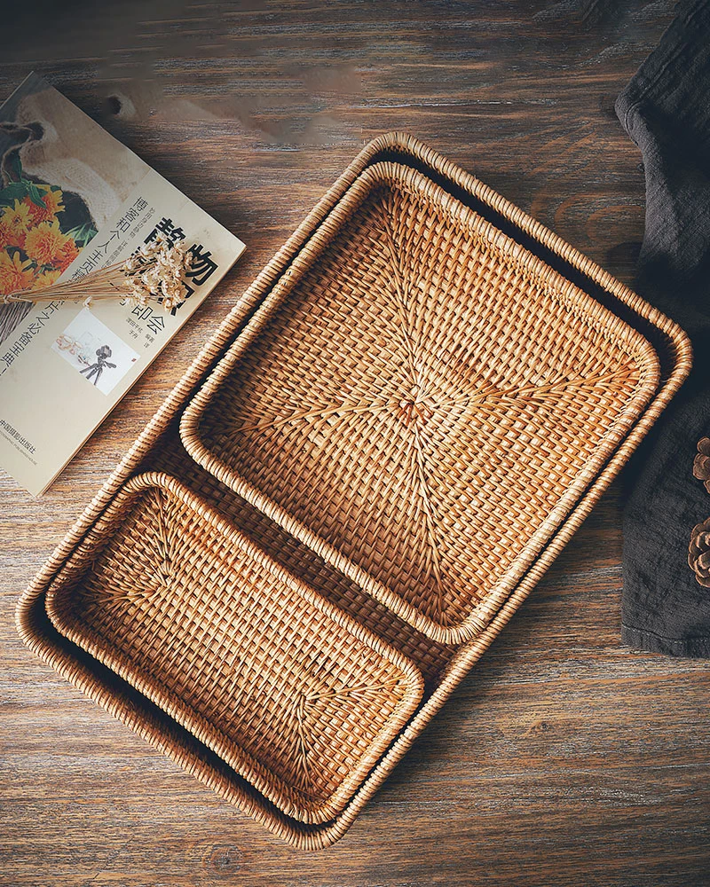 Kitchen Accessory Handwoven Rattan Storage Tray Square Wicker Basket