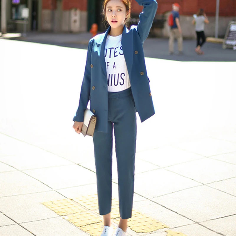 

Autumn Spring Two Piece Set Oufit Double Breasted Casual Ladies Blazer Jacket+High Waist Trousers OL Korean Women Suit 2019