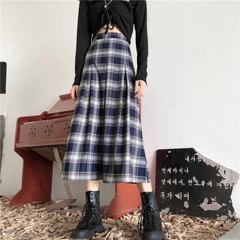 

Plaid Print Spring Long Midi Skirts Korean Vintage Pleated Skirt A-Line Zipper High Waist Harajuku Gothic Skirts Streetwear W650