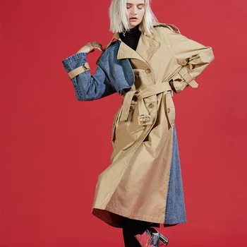 

DEAT 2020 Spring New Products Turn-down Collar Spliced Denim Patchwork Windbreaker Female Trench WJ26604M