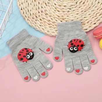 

Children Winter Gloves, Multicolor Knit Woven Gloves with Cartoon Ladybird/Horse Printing for Little Boys, Girls, Blue/Grey