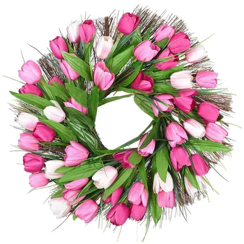 

18 Inch Tulip Wreath Door Spring Twig Wreath Floral Artificial Flower Wreath Adorn with Pink Tulips for Front Door Wall Window P