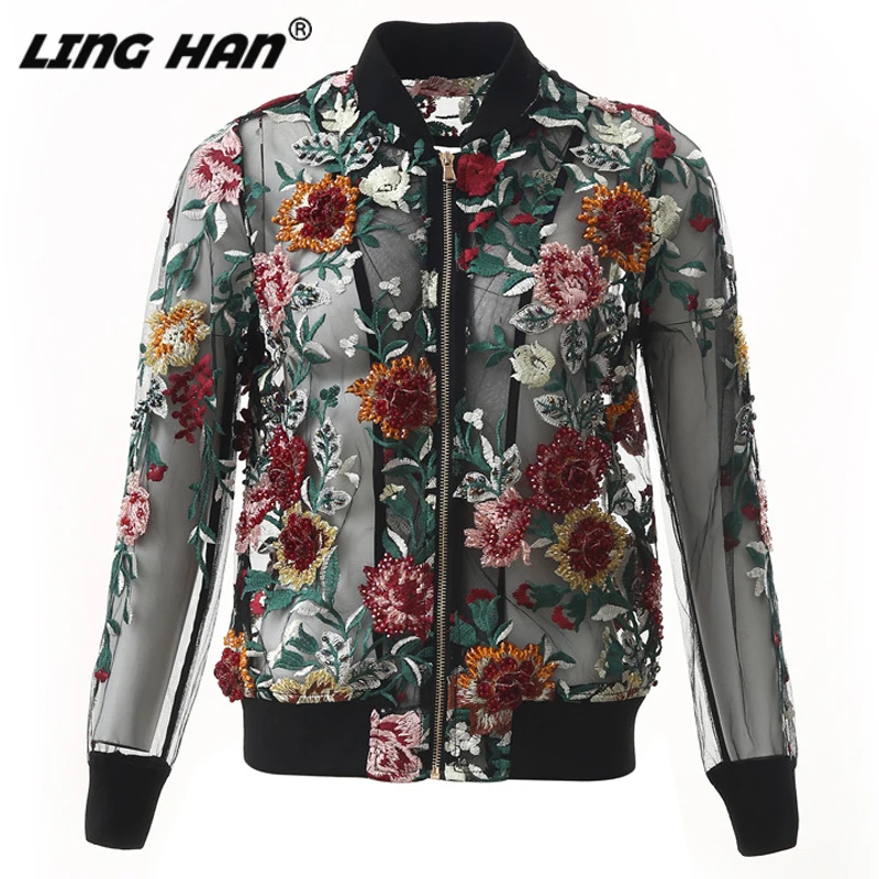 

LINGHAN Designer Autumn Women Luxury Crystals 3D Flower Applique Embroidery Coat Sexy Black Mesh Transparent Jackets Coat