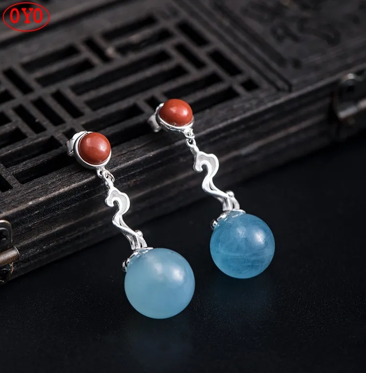 

925 Silver South Red New Simple and Ethnic Style Sea Sapphire Earrings