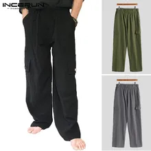 INCERUN мужские брюки однотонные с эластичной талией Новые Модные хлопковые комбинезоны зимние большие карманы Ретро Свободные повседневные брюки