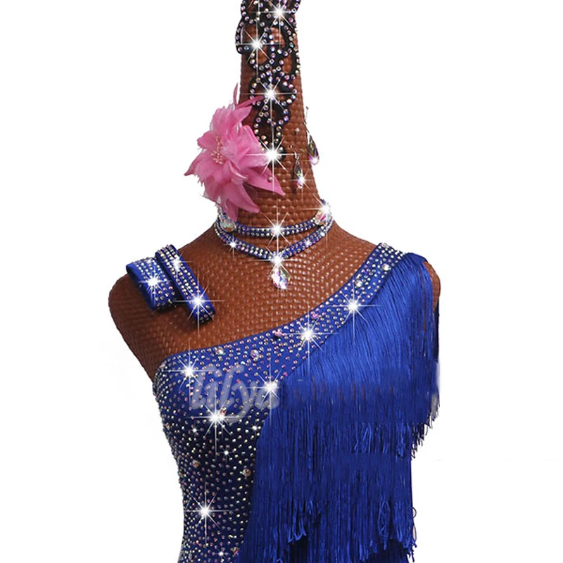 Конкурс латиноамериканских танцев платье женское платье со стразами синее платье с кисточками платье для румбы сценическая одежда Гэтсби Одежда для танцев женское DT-001