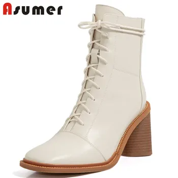

Asumer 2020 hot sale genuine leather +pu ankle boots women cross tied fashion high heel boots autumn winter casual shoes woman