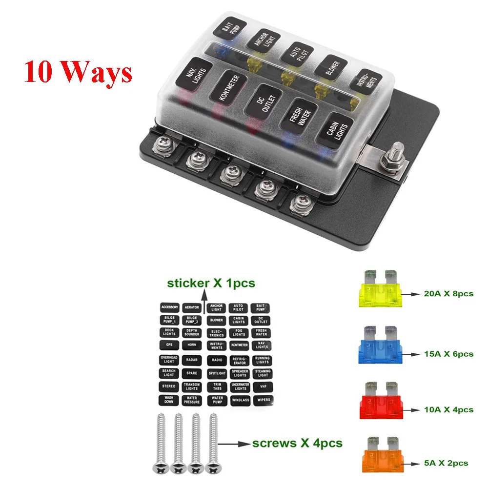 12/10/6 Ways Fuse Box Car Blade Holder Modified Terminal Block With LED Warning Light For Boat Marine Trike 12V 24V | Автомобили и