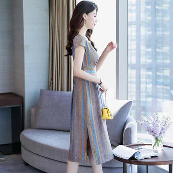 

Vintage Dresses Women's Summer Size Split Slim Waist Cute Sweet Girls Temperament Cotton Linen O Neck Stripe Shirt Dress Y