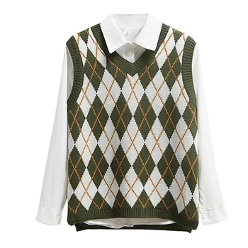 

Knitted Plaid V-neck Sweaters Vest Tops For Women Loose Sleeveless Pullover Waistcoat Female Student Autumn New Korean version