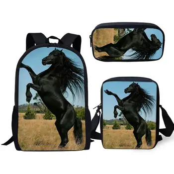 

3PCs/Set Handsome Friesian Horse Print Pattern School Bag for Boys Teenager Girls Backpacks Child Students Travel Bagpack