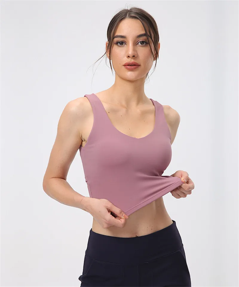 Solid Color Sports Tank Soft Yoga Vest Crop Top Moisture Wicking Tight Fitness Bra Women No Rims Removable Chest Pad Gym Clothes