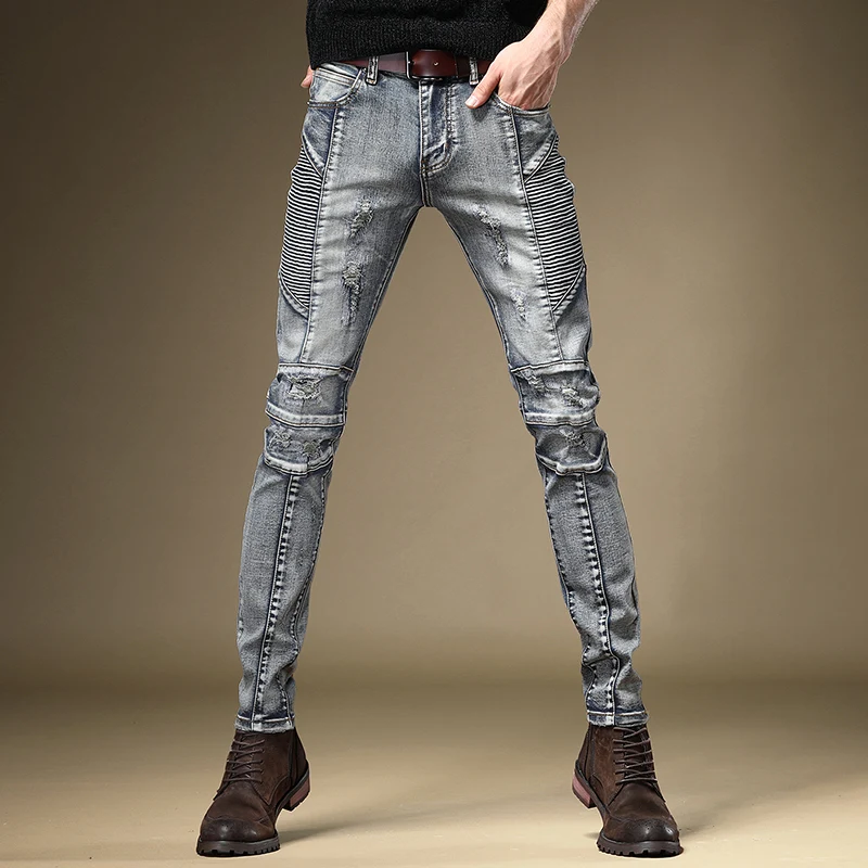 Men Ripped Patchwork Stretch Jeans Motorcycle Retro Regular Straight Pants Streetwear Slim Fit Denim Trousers