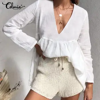 

Celmia Spring Long Sleeve Shirts Women Summer V-Neck Sexy Blouses White Tunic Tops Casual Vintage Cotton Blusas Mujer Plus Size