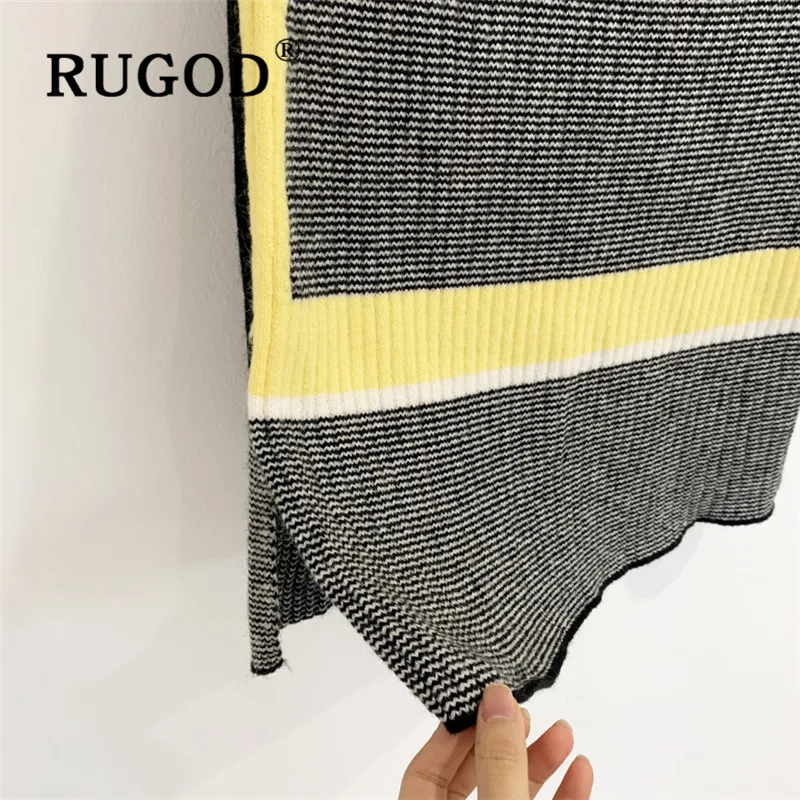RUGOD осенне-зимний стильный шикарный желтый свитер с круглым вырезом контрастный цвет вязаная юбка Женский комплект 2 шт. Мода
