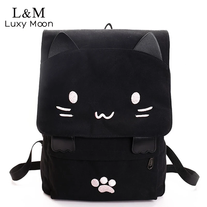 Милый холщовый рюкзак с рисунком кота; рюкзаки с вышивкой для девочек-подростков; школьная сумка; Модный Черный рюкзак с принтом; mochilas XA69H