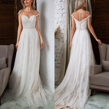 

Sheer Neck Beach Lace Wedding Dresses 2021 Short Sleeve Bridal Gowns Button Illusion A Line Vestido De Noiva Sweep Train