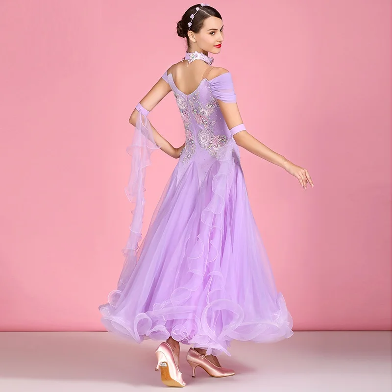Фиолетовое платье для бальных танцев, женские костюмы для вальса, Одежда для танцев, Одежда для танцев, длинное платье с короткими рукавами и бахромой