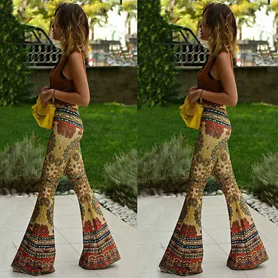 Модные женские расклешенные леггинсы, палаццо, колокольчики, Boho, Цветочные штаны, тянущиеся, высокая талия, желтые, Boot Cut Pant