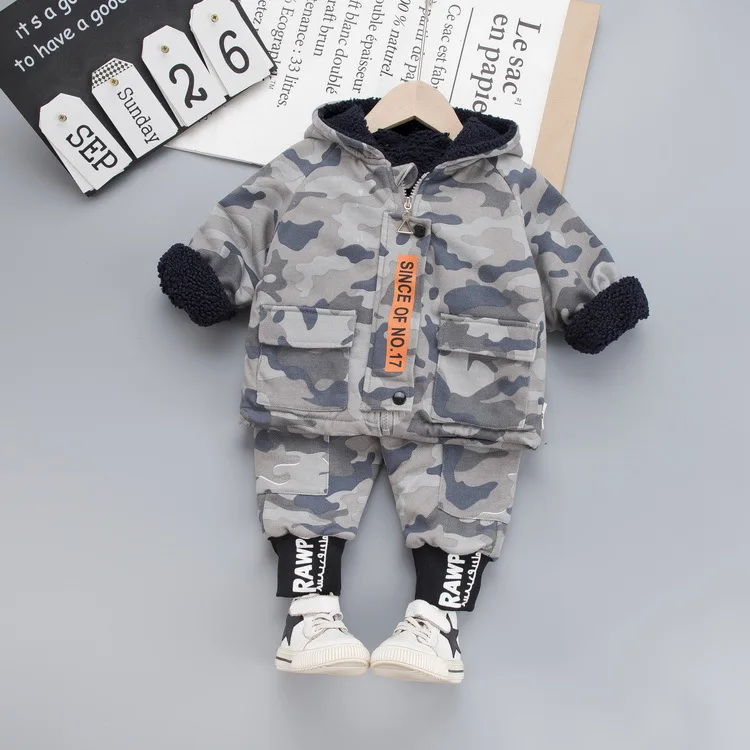 

2019 Winter New Style Children Korean-style Childrenswear Fashion Man CHILDREN'S Jacket plus Velvet Camouflage Suit Two-Piece Se