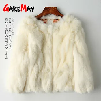 

GareMay Real Rabbit Fur Jacket for Women Long Sleeve Plus Size Overcoat Women's Short Real Rabbit Coat Female Warm Plush Coats